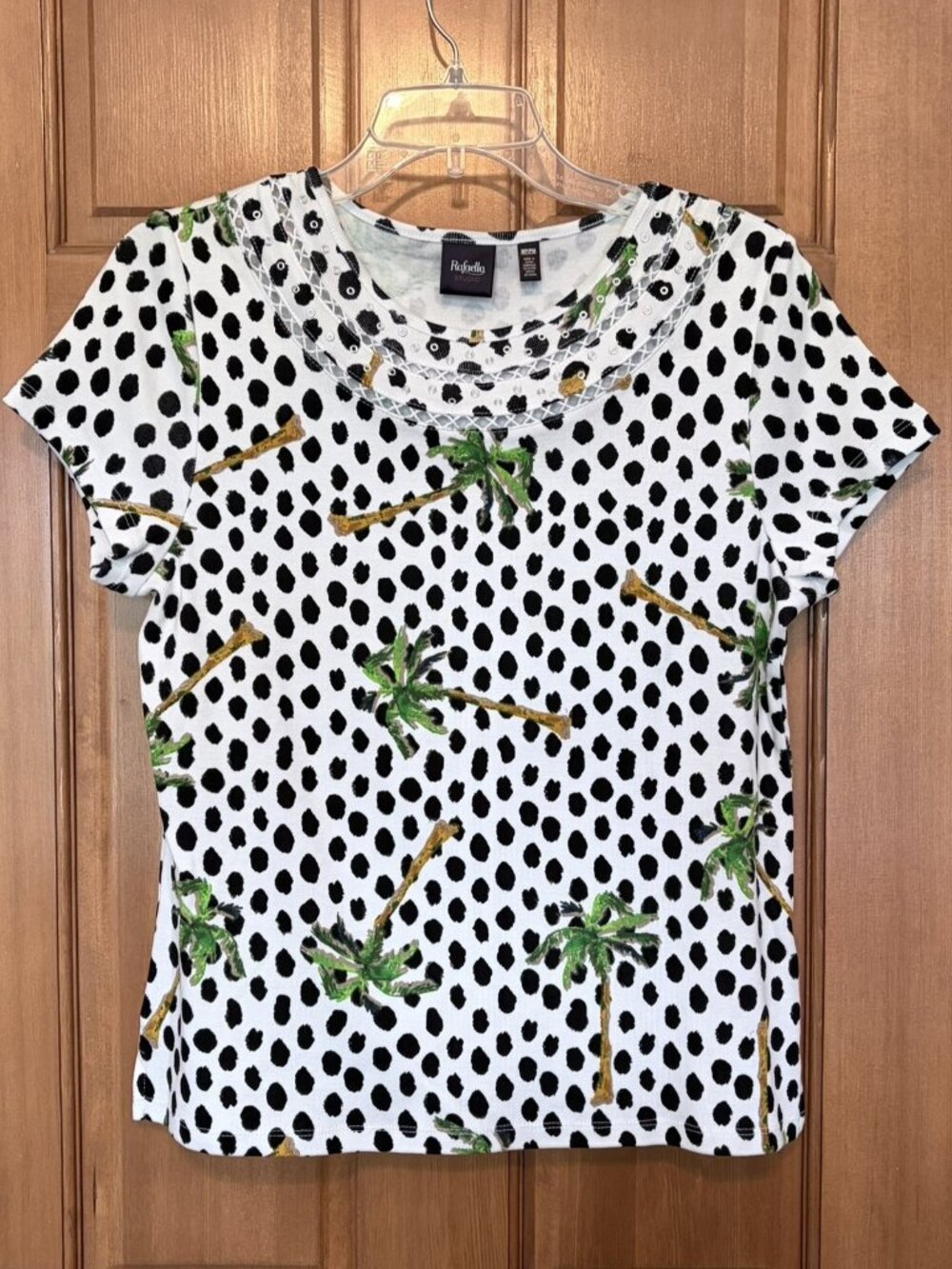 Rafaella Studios Petite White Polka Dot Palm Tree Print Top Petite Medium